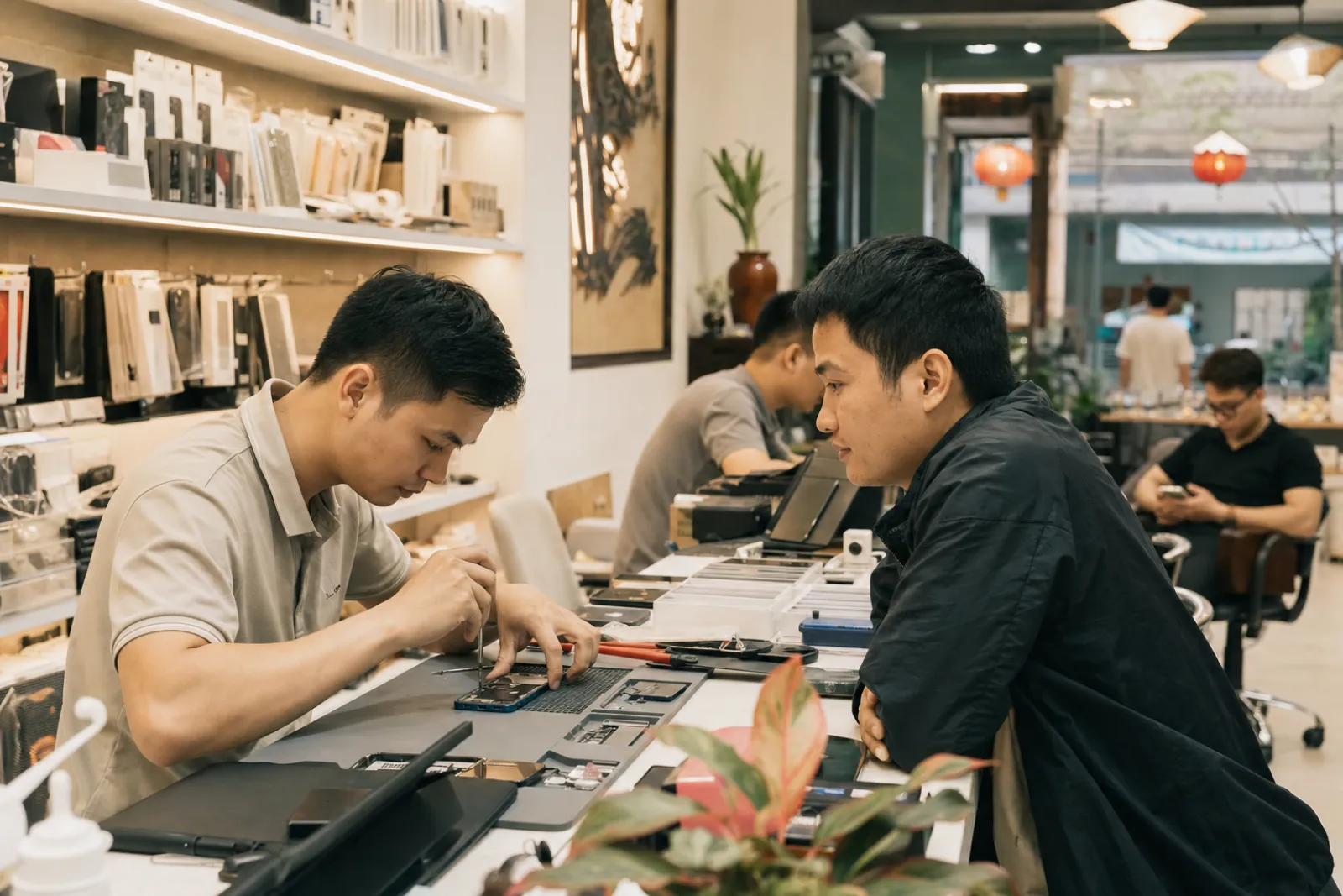 Quầy sửa chữa điện thoại máy tính và phụ kiện công nghệ của HTP